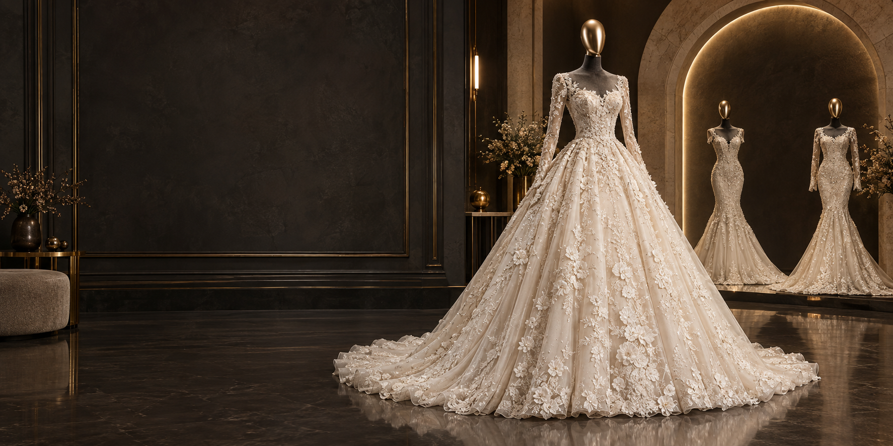 Three luxury Barbella wedding gowns displayed on gold-head mannequins